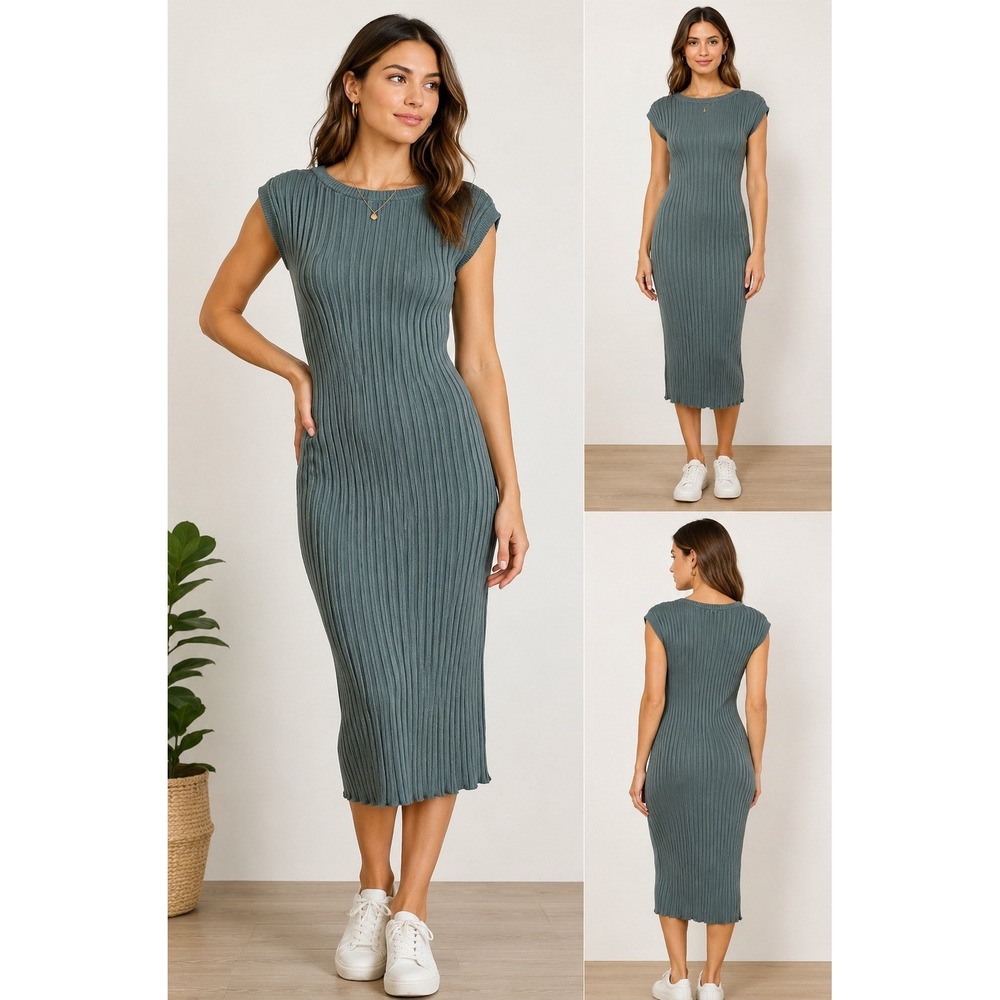 And Now This Size OX Blue Green Ribbed Knit Stretch Fit Midi Bodycon Minimalist
